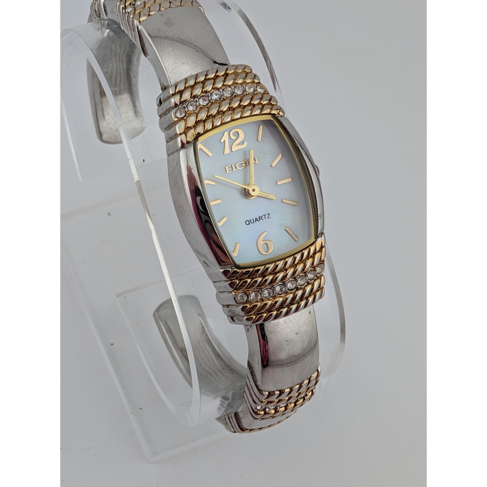 Elgin‎ Watch Women 20mm Case MOP Dial Two Tone Bangle Band Crystals- New Battery
